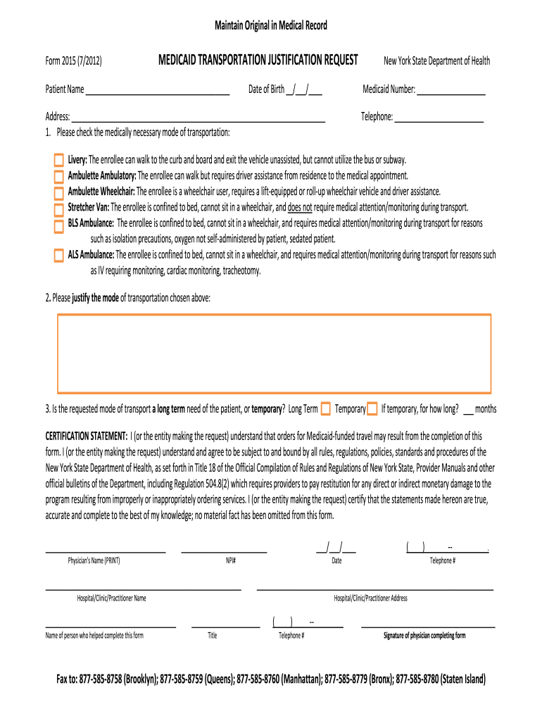 2012 2025 Medicaid Transportation Justification Request Form 2015 Fill 