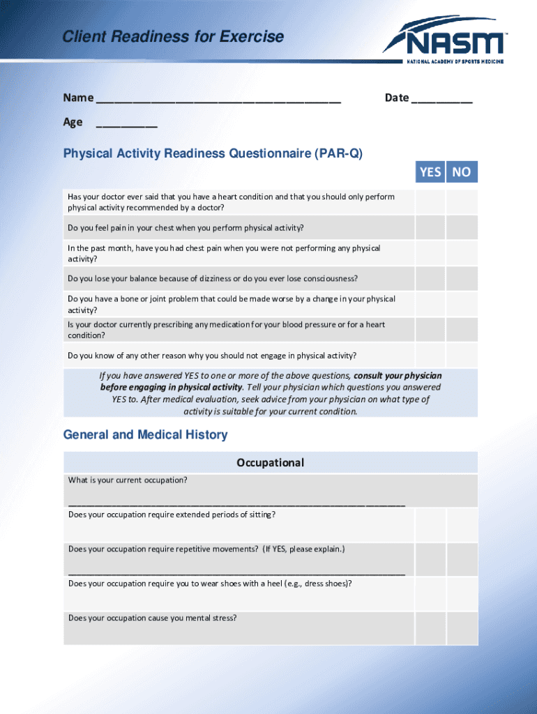 2019 2025 NASM Physical Activity Readiness Questionnaire PAR Q Form 