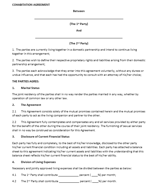 Printable Cohabitation Agreement Form