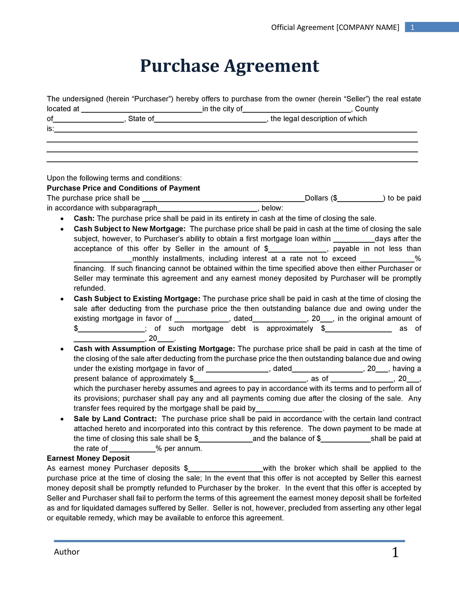 Printable Purchase Agreement For House Template