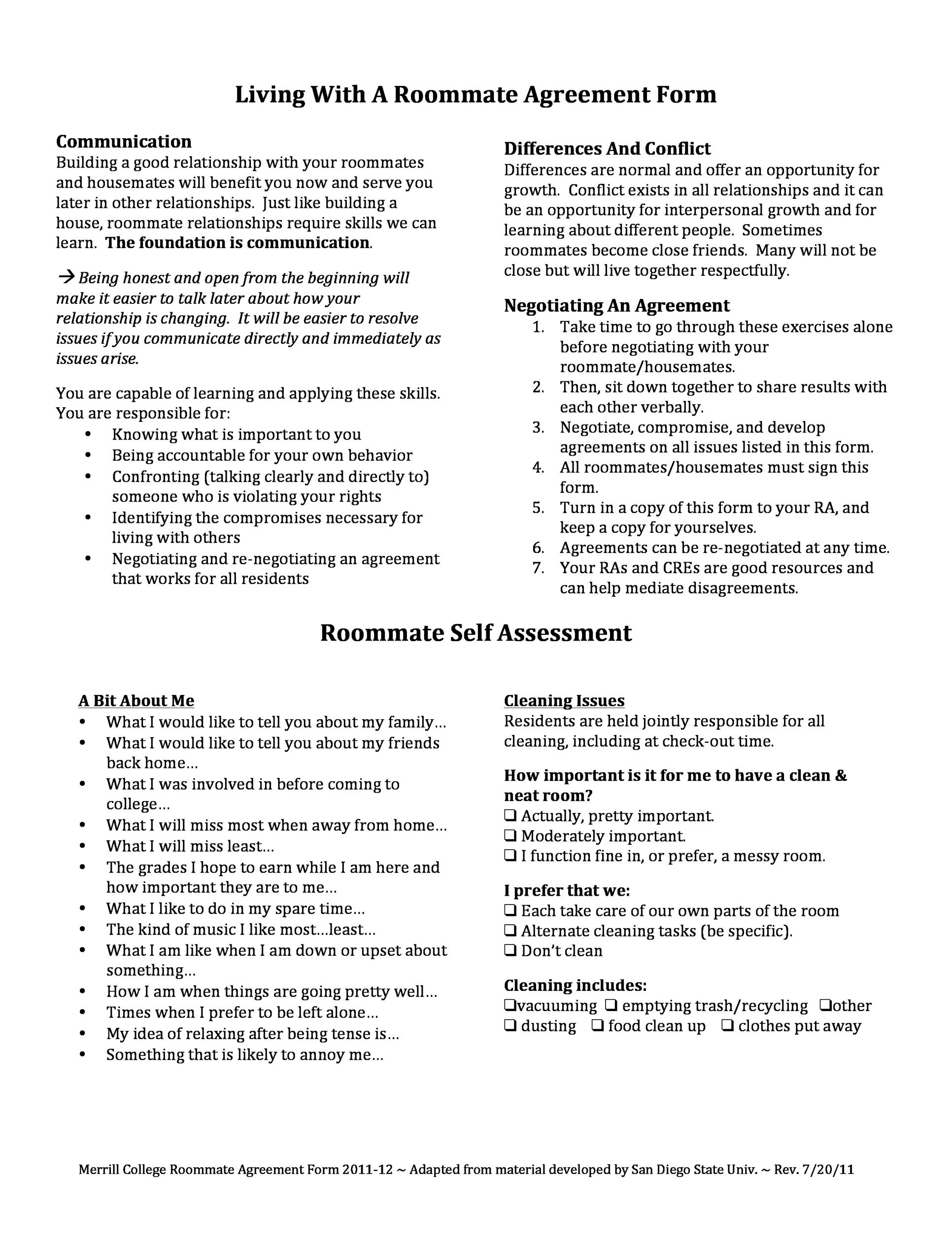 Printable Roommate Agreement Template