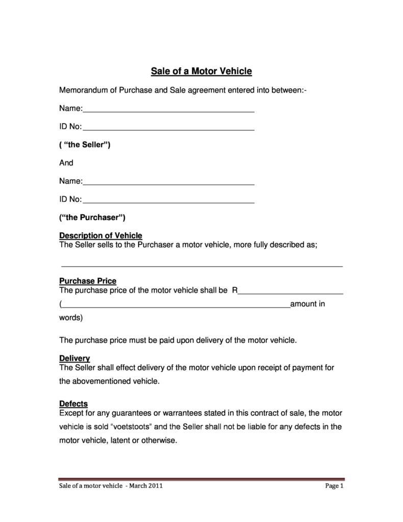 42 Printable Vehicle Purchase Agreement Templates Word PDF 