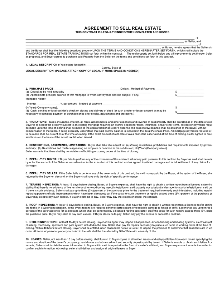 Agreement To Sell Real Estate Template In Word And Pdf Formats