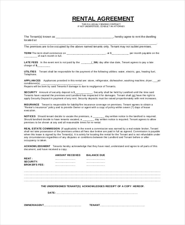 Printable Rental Agreement Form