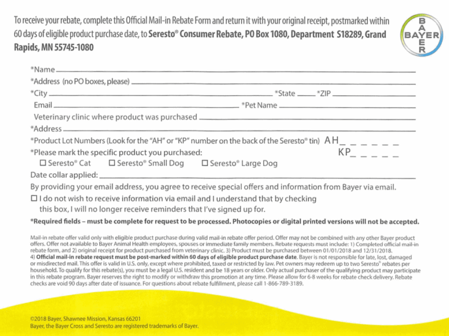 Bayer Seresto Rebate 2023 PrintableRebateForm