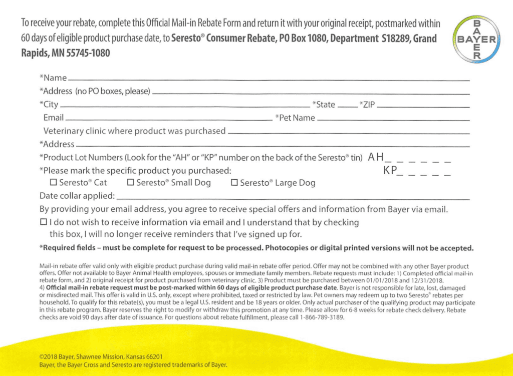 Bayer Seresto Rebate 2023 PrintableRebateForm
