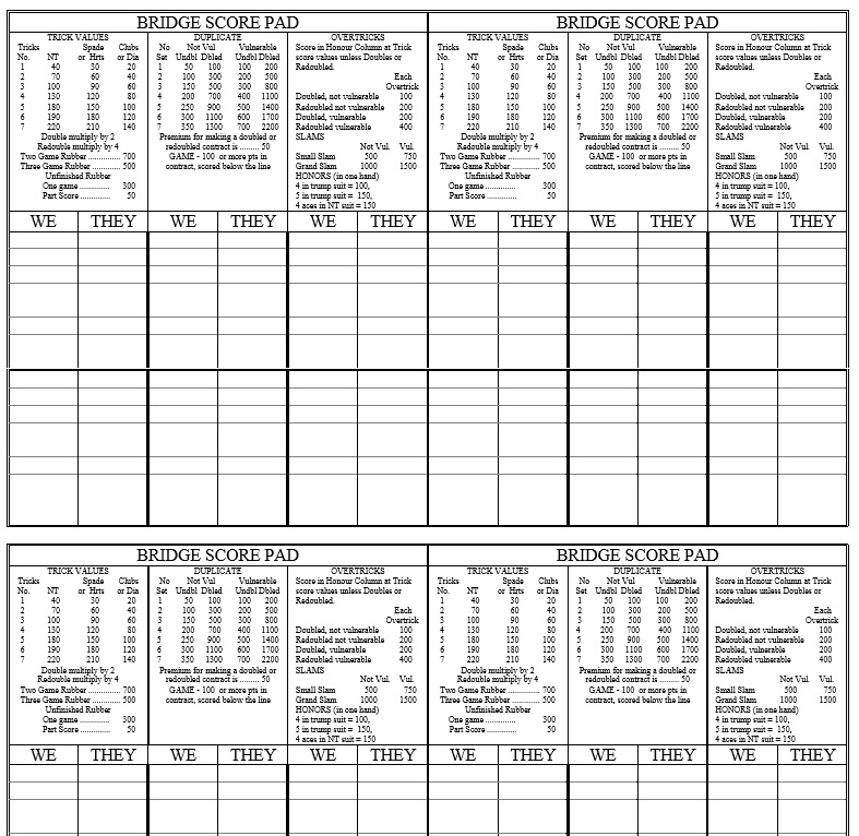 Bridge score pad 4 Printable Samples