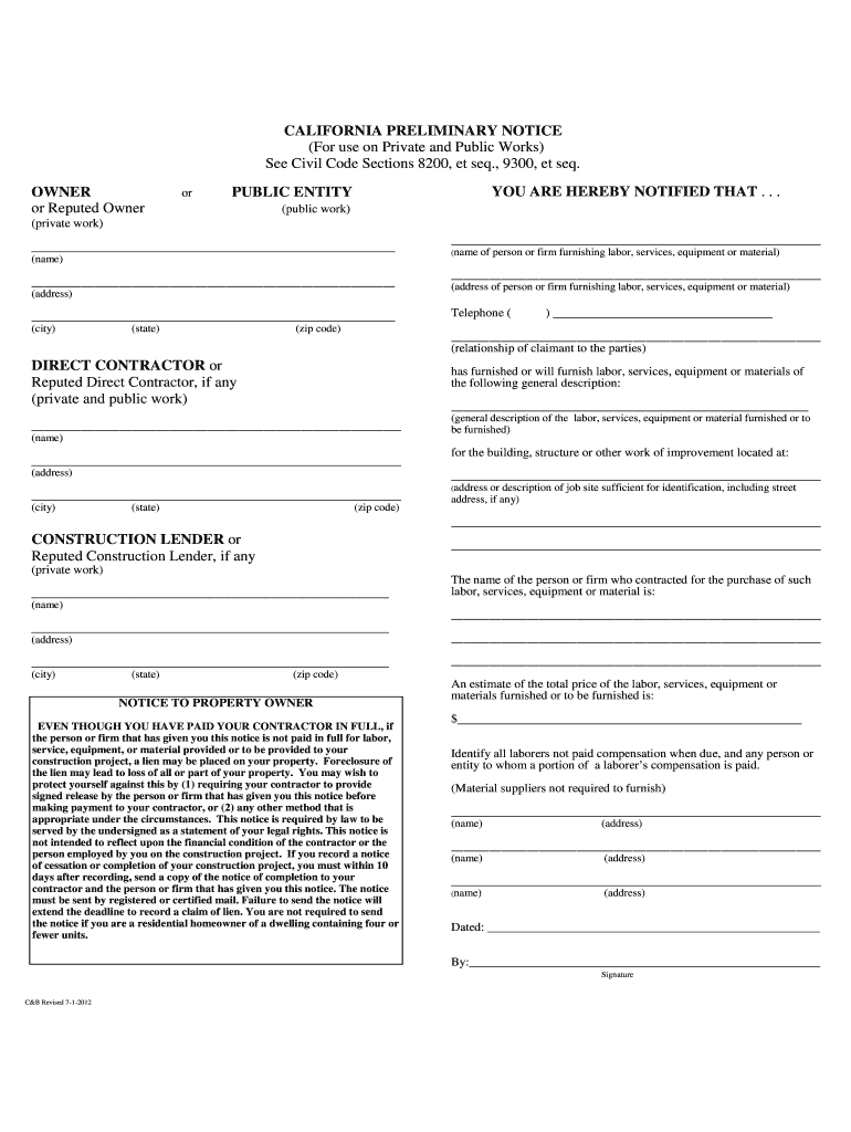 California Preliminary Notice 2012 2025 Form Fill Out And Sign 