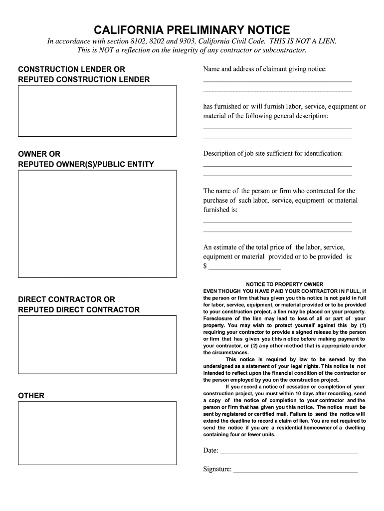 California Preliminary Notice Form Printable Printable Forms Free Online
