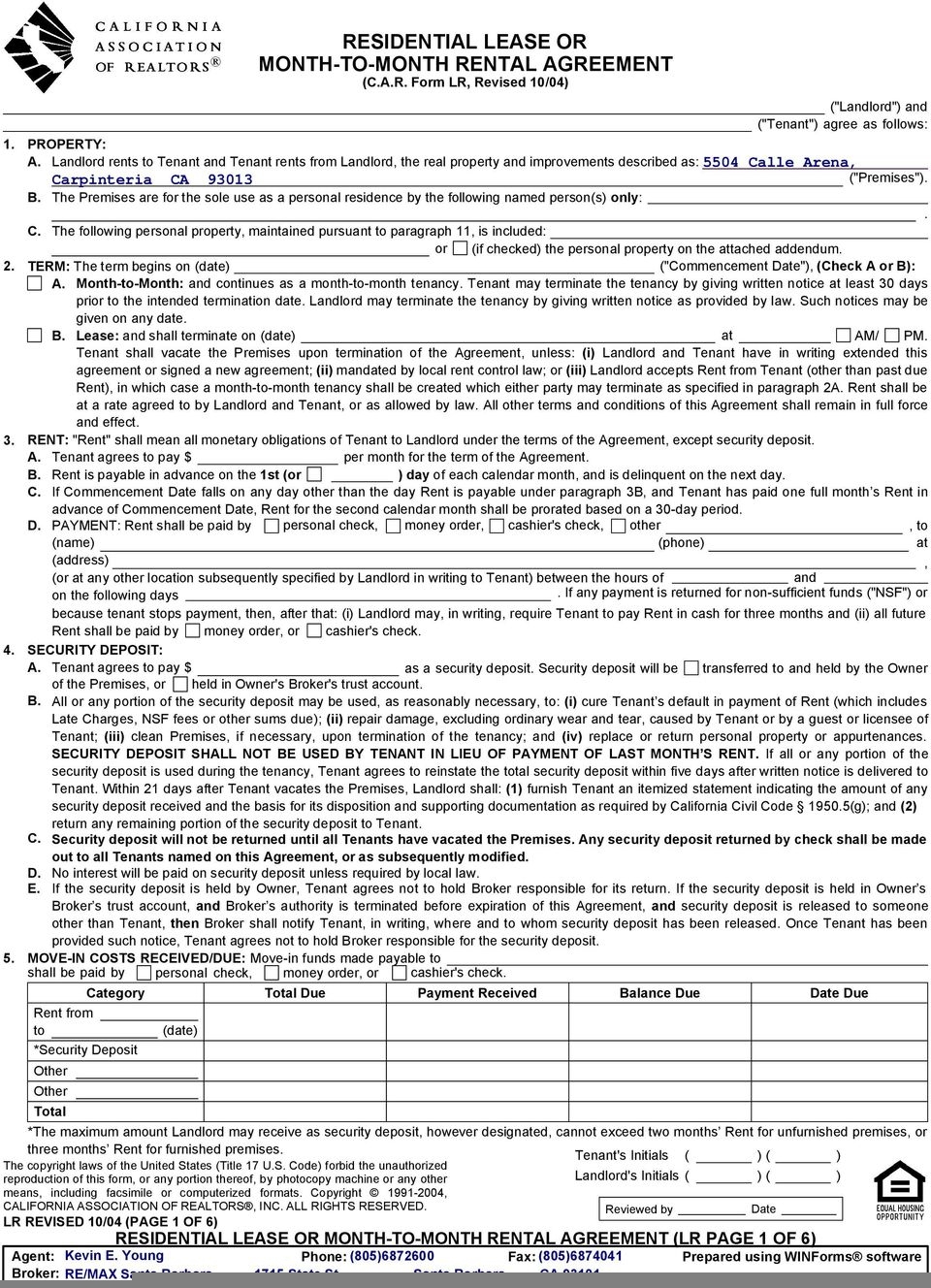 California Residential Lease Or Month To Month Rental Agreement 