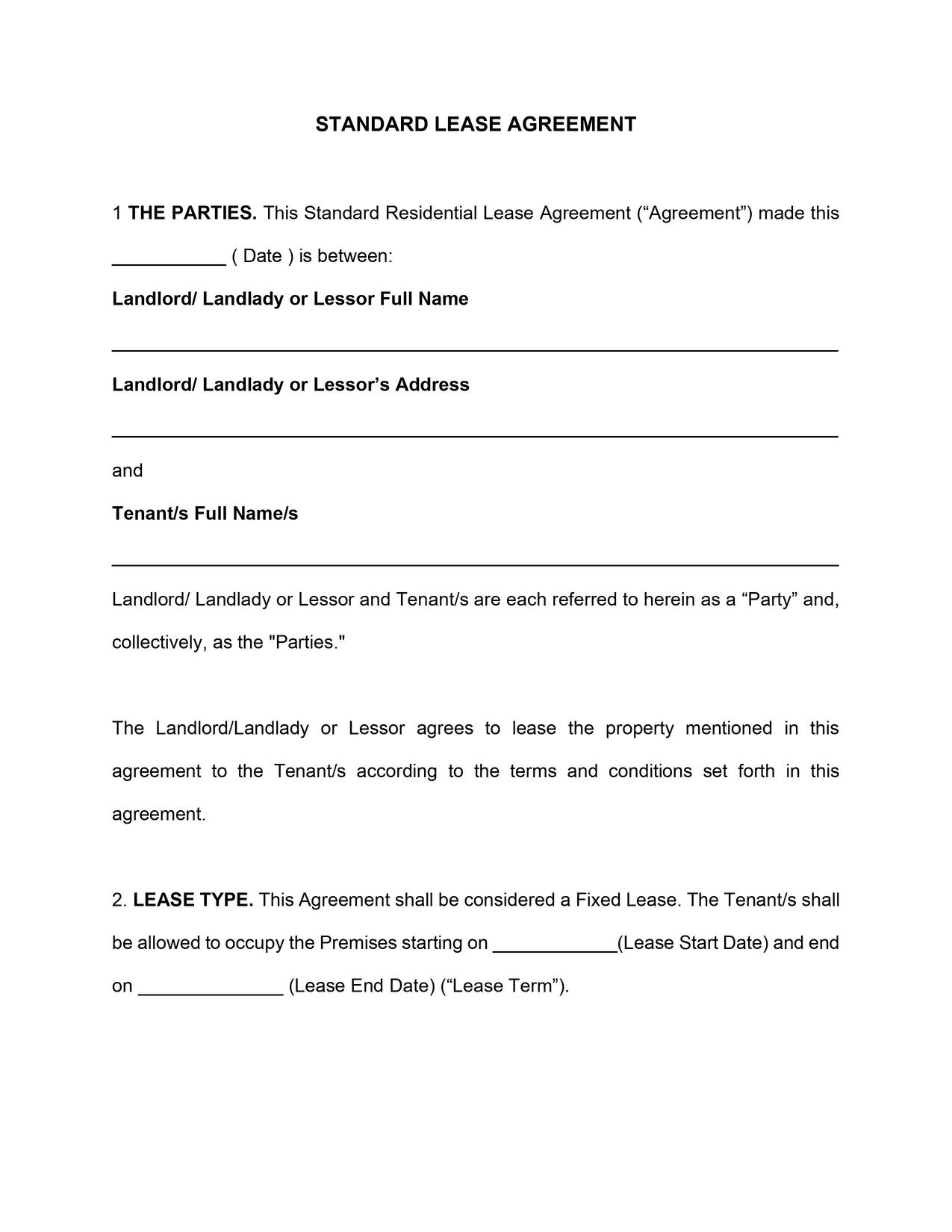 California Standard Lease Agreement Template