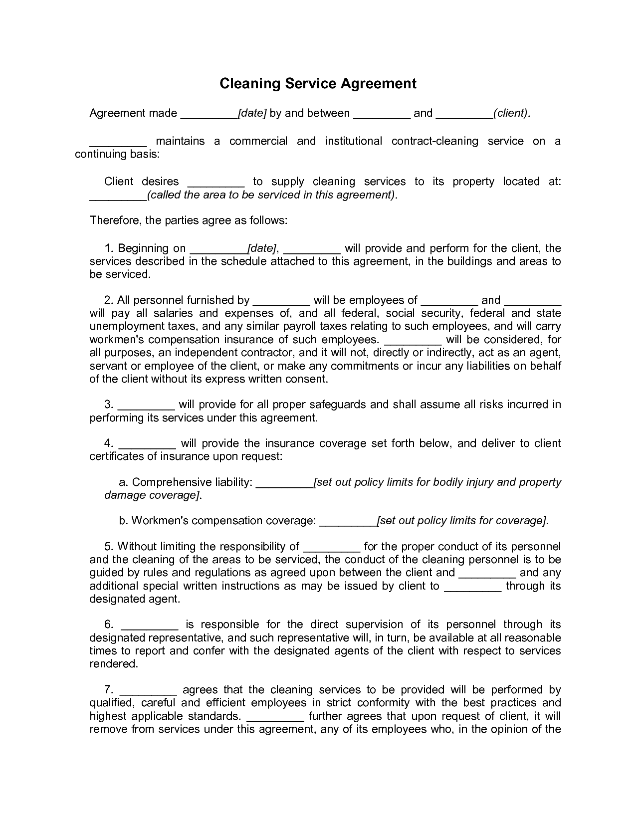 Cleaning Services Contract Agreement Free Printable Documents