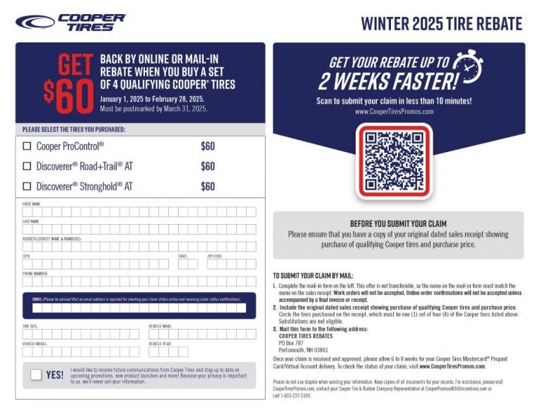 Cooper Tire Rebate Form 2025 Printable Us