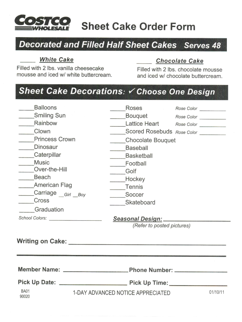 Costco Cake Order Form Fill Online Printable Fillable Blank 