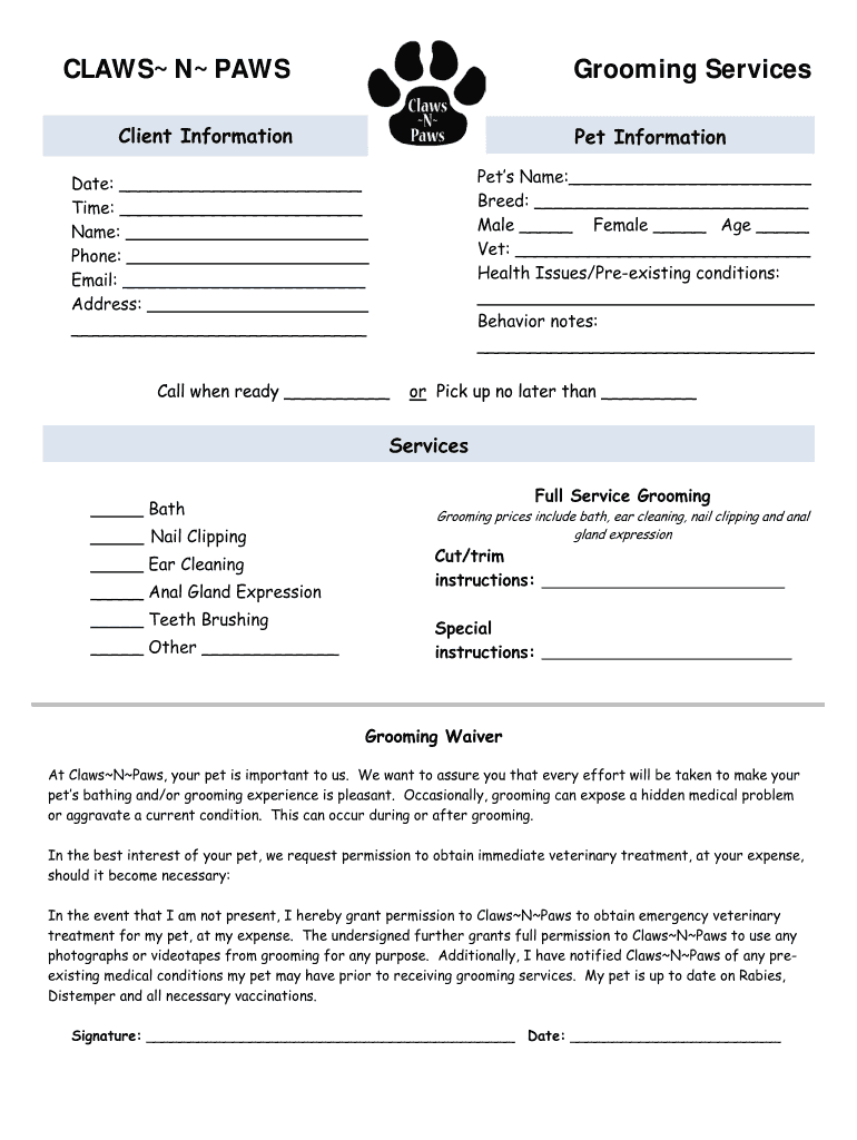 Dog Grooming Waiver Form Fill Online Printable Fillable Blank PdfFiller 