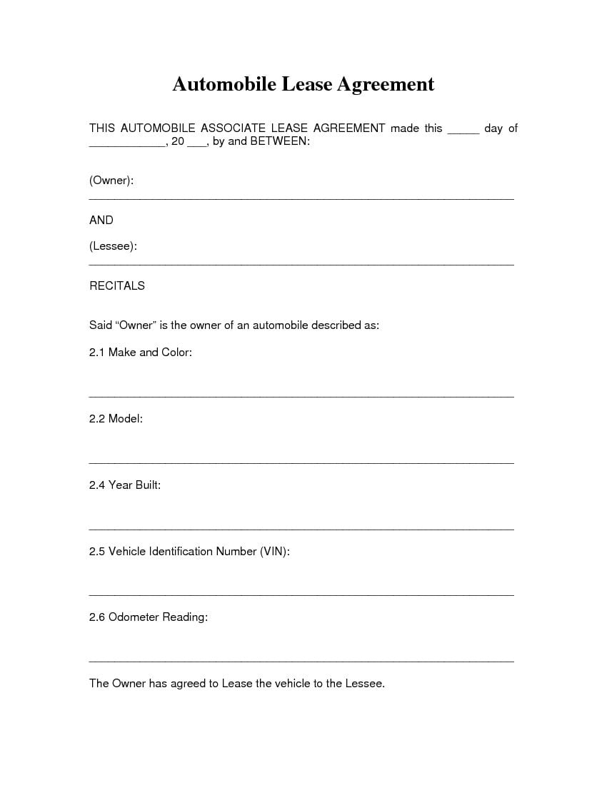 Download Free Automobile Lease Agreement Printable Lease Agreement