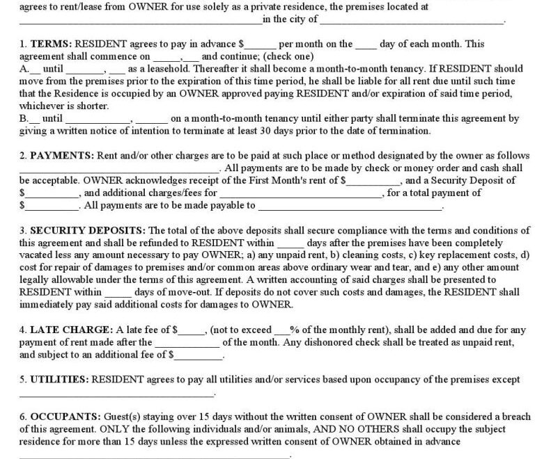 Download Free Basic Rental Agreement Or Residential Lease Printable