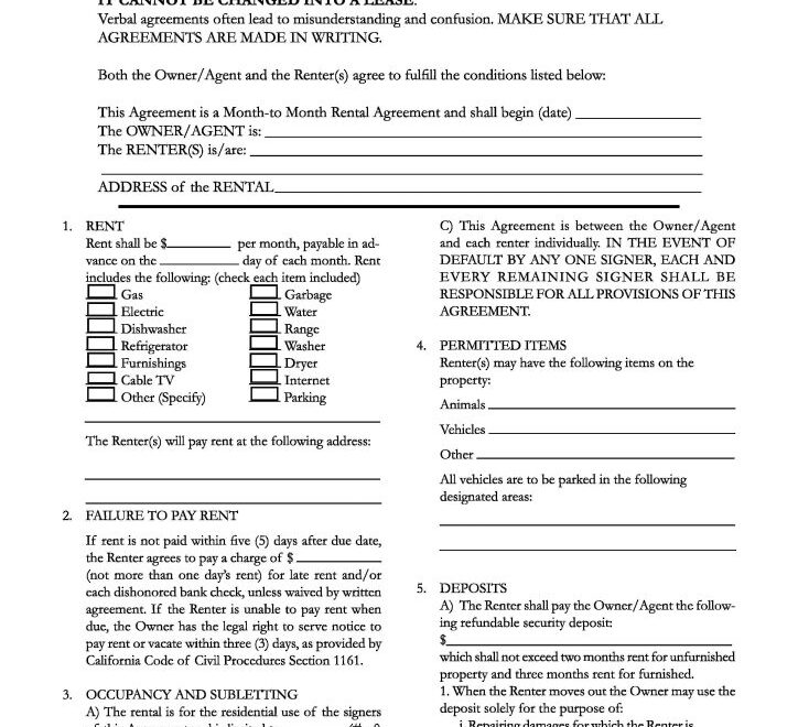 Download Free California Month To Month Rental Agreement Printable