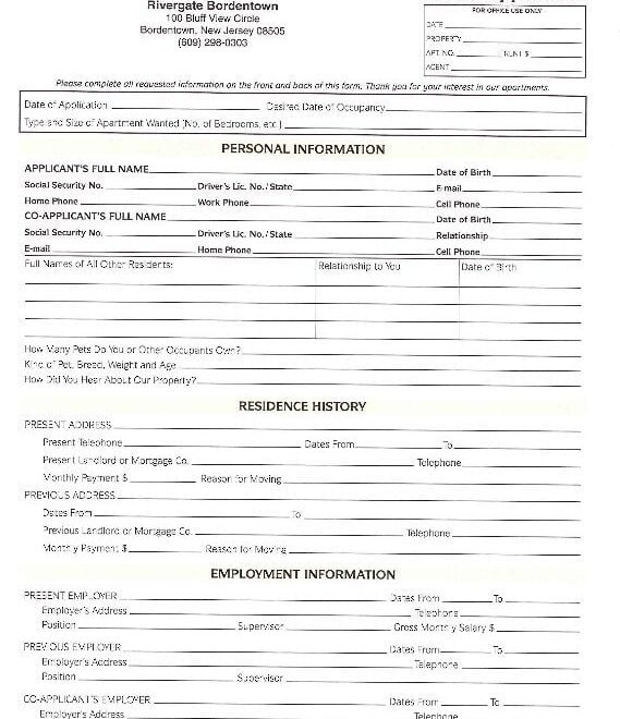 Download Free New Jersey Rental Application Form Printable Lease