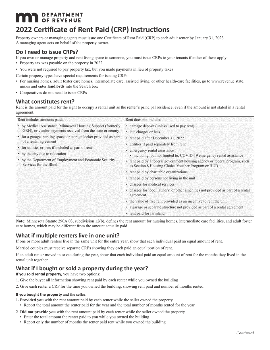 Download Instructions For Form CRP Certificate Of Rent Paid PDF 2022 