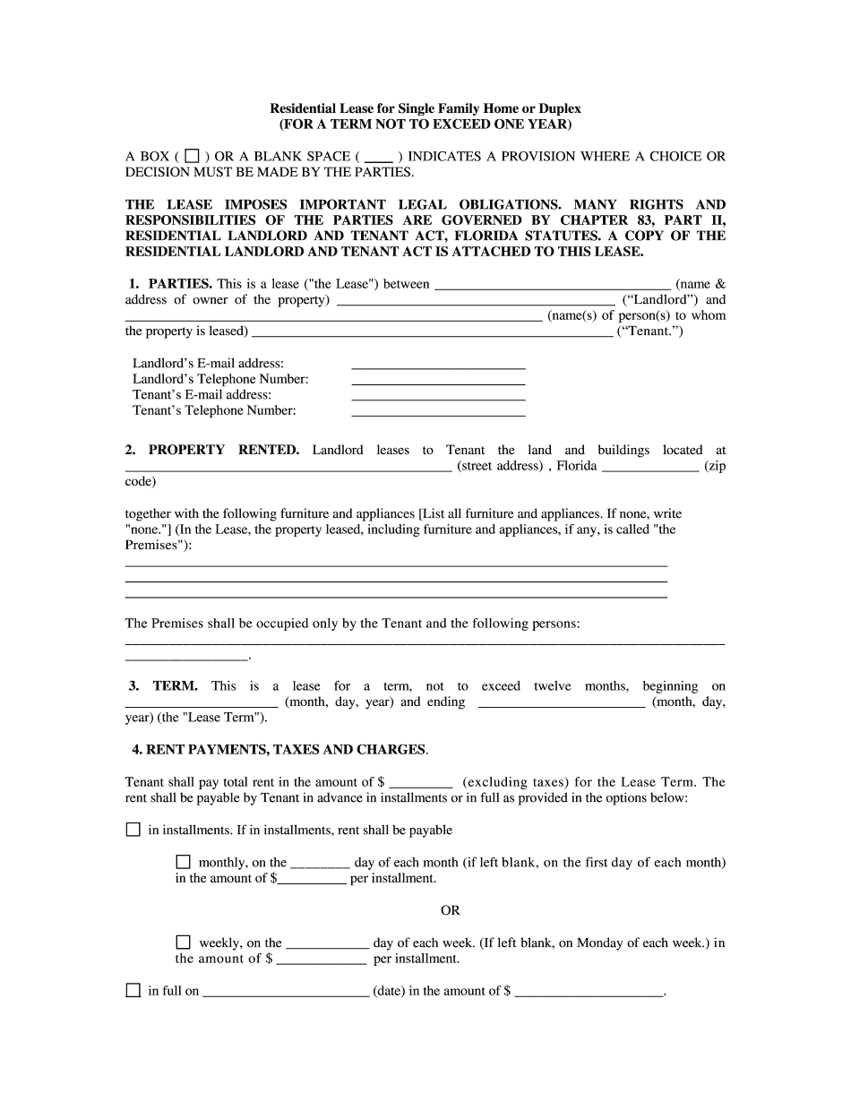 Printable Lease Agreement Florida
