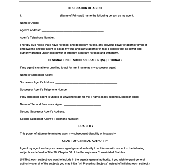 Durable Power Of Attorney Pa Printable Form Printable Forms Free Online