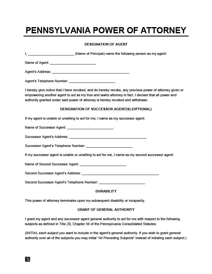 Durable Power Of Attorney Pa Printable Form Printable Forms Free Online