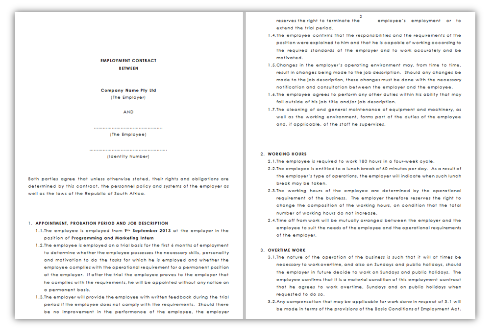Employment Contract South Africa TemplateTom