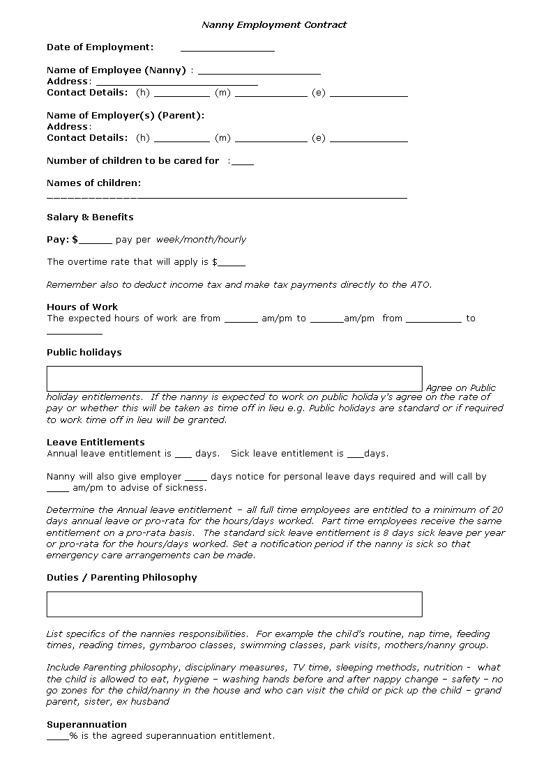 Fill In Blank Printable Nanny Contract Template Printable Templates
