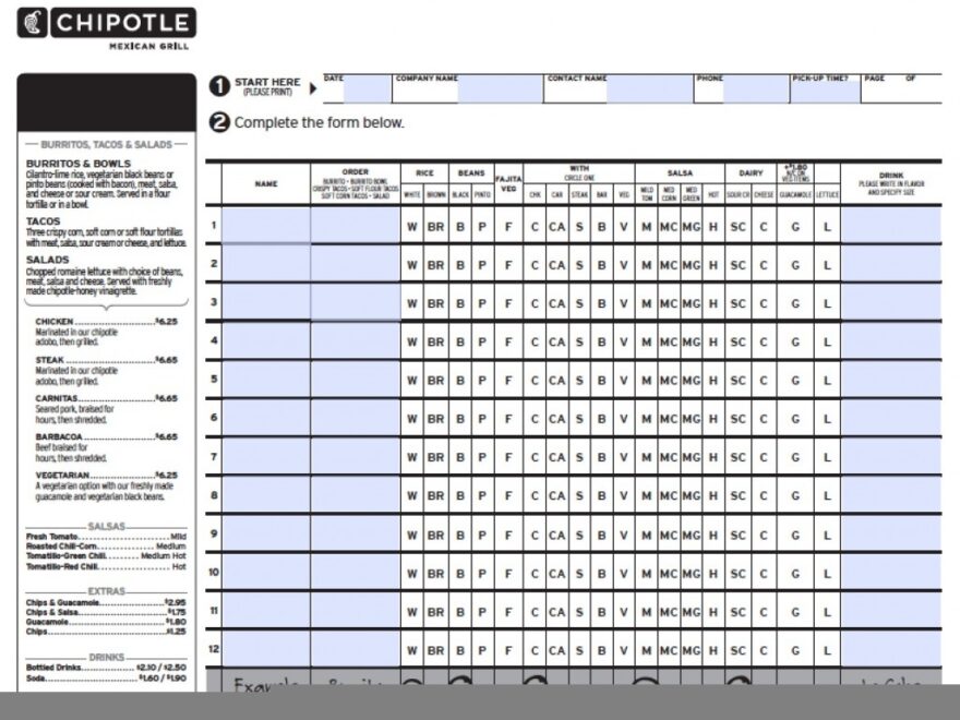 Fillable Chipotle Menu Order Form Printable Pdf Download Printable