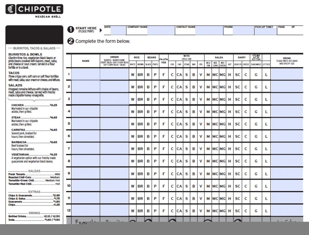 Fillable Chipotle Menu Order Form Printable Pdf Download Printable 