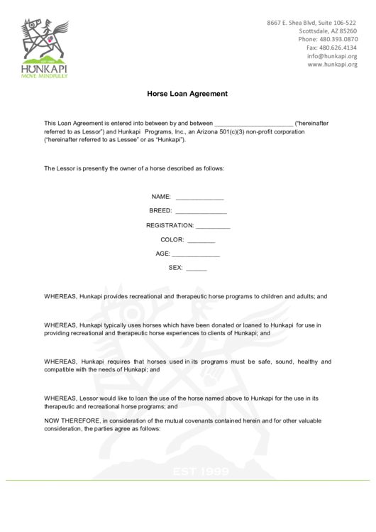Fillable Horse Loan Agreement Printable Pdf Download