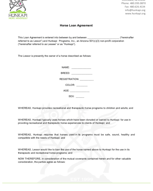 Fillable Horse Loan Agreement Printable Pdf Download