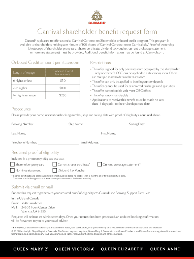Fillable Online Carnival Shareholder Benefit Request Form Fax Email 