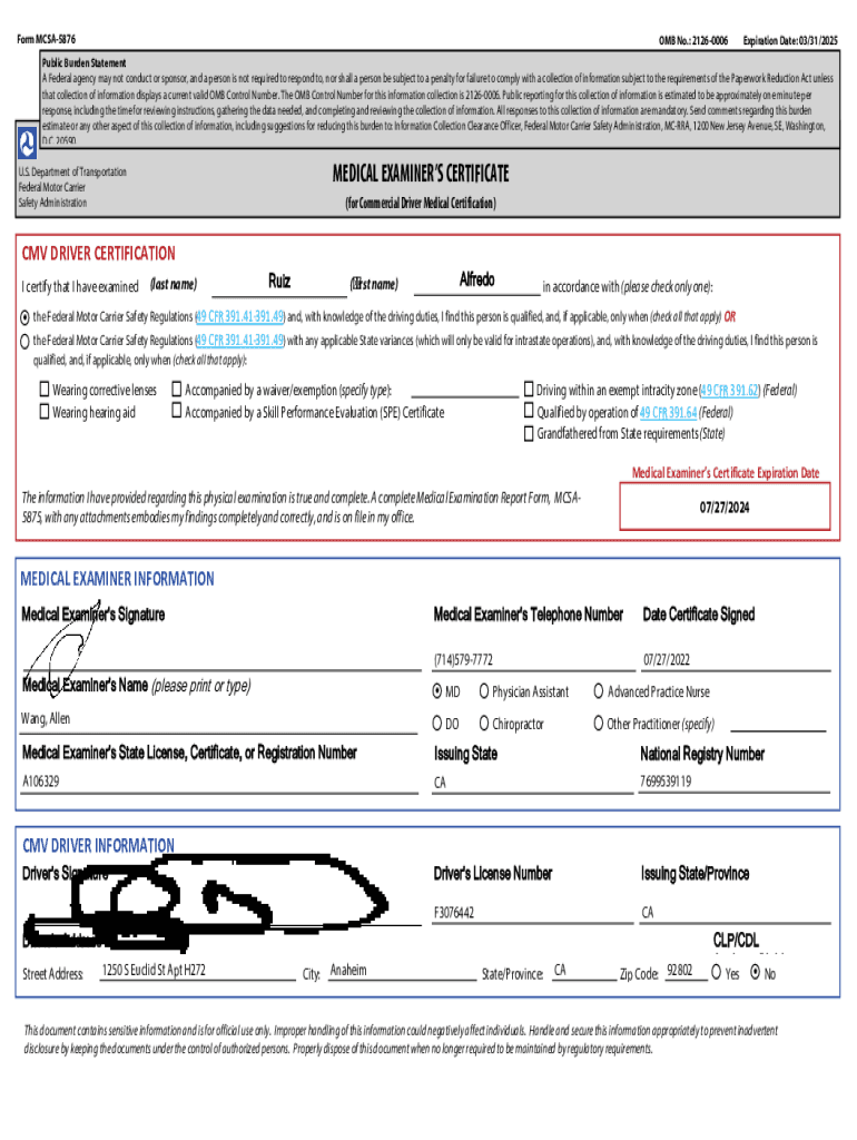 Fillable Online Medical Examiner 39 s Certificate MEC Form MCSA 5876 Fax 