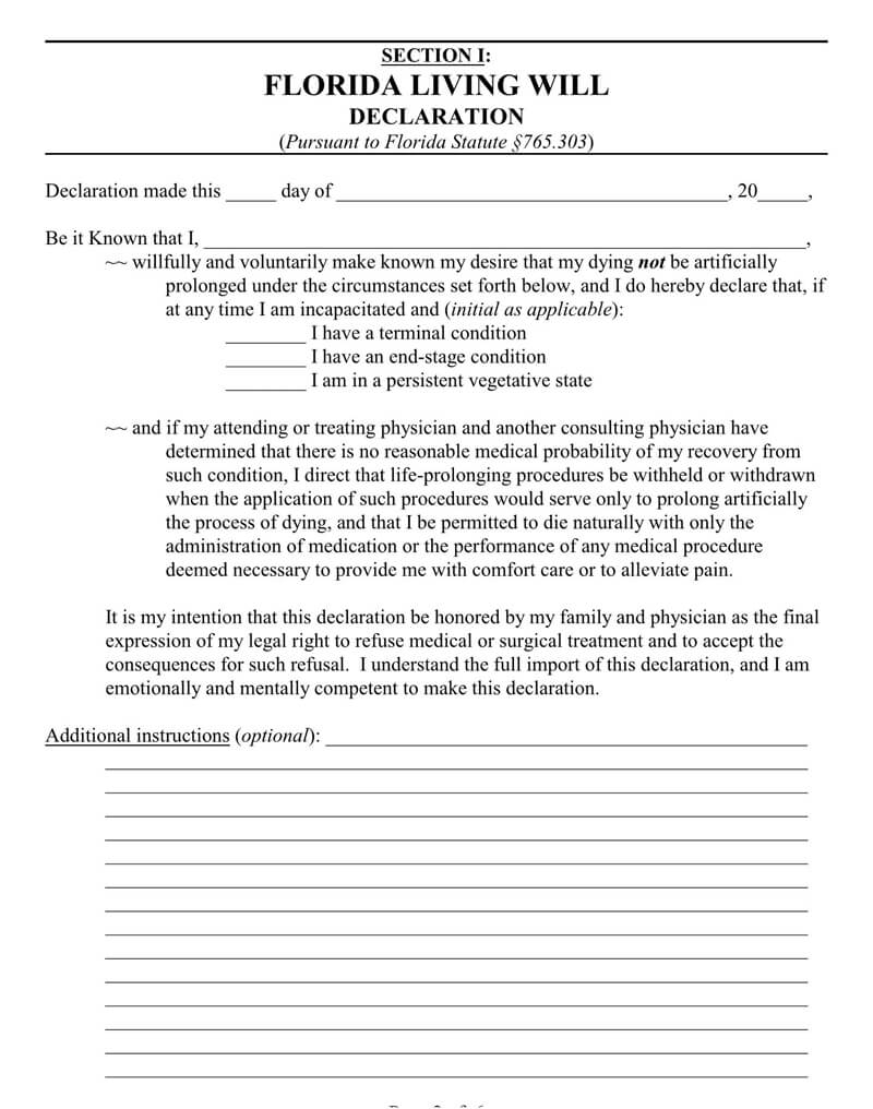 Printable Florida Living Will Form 2025