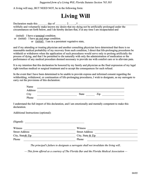 Florida Living Will Form Printable Pdf Download