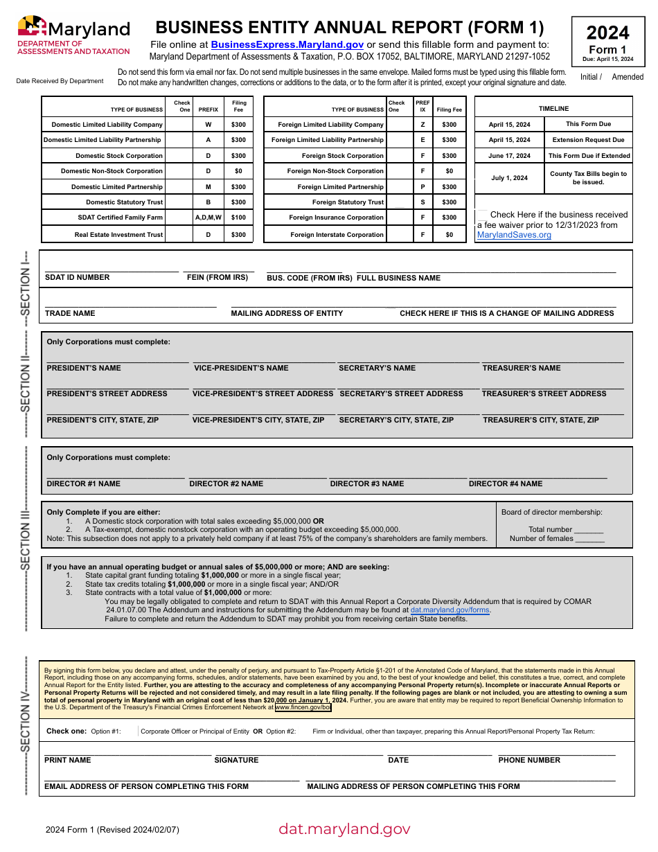 Form 1 Download Fillable PDF Or Fill Online Business Entity Annual 