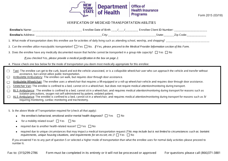 Form 2015 Verification Of Medicaid Transportation Abilities New York 