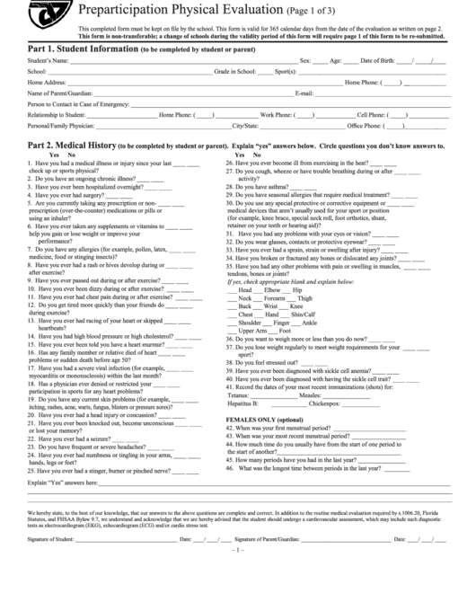 Form El2 Preparticipation Physical Evaluation Florida High School