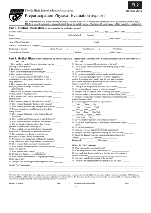 Form El2 Preparticipation Physical Evaluation Florida High School 