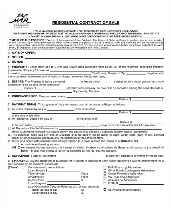 Printable Contract For Selling House