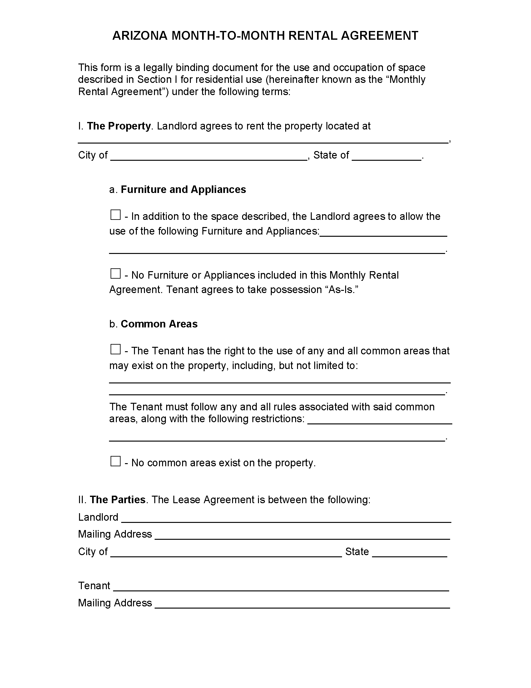Free Arizona Month to Month Rental Agreement Template PDF Word