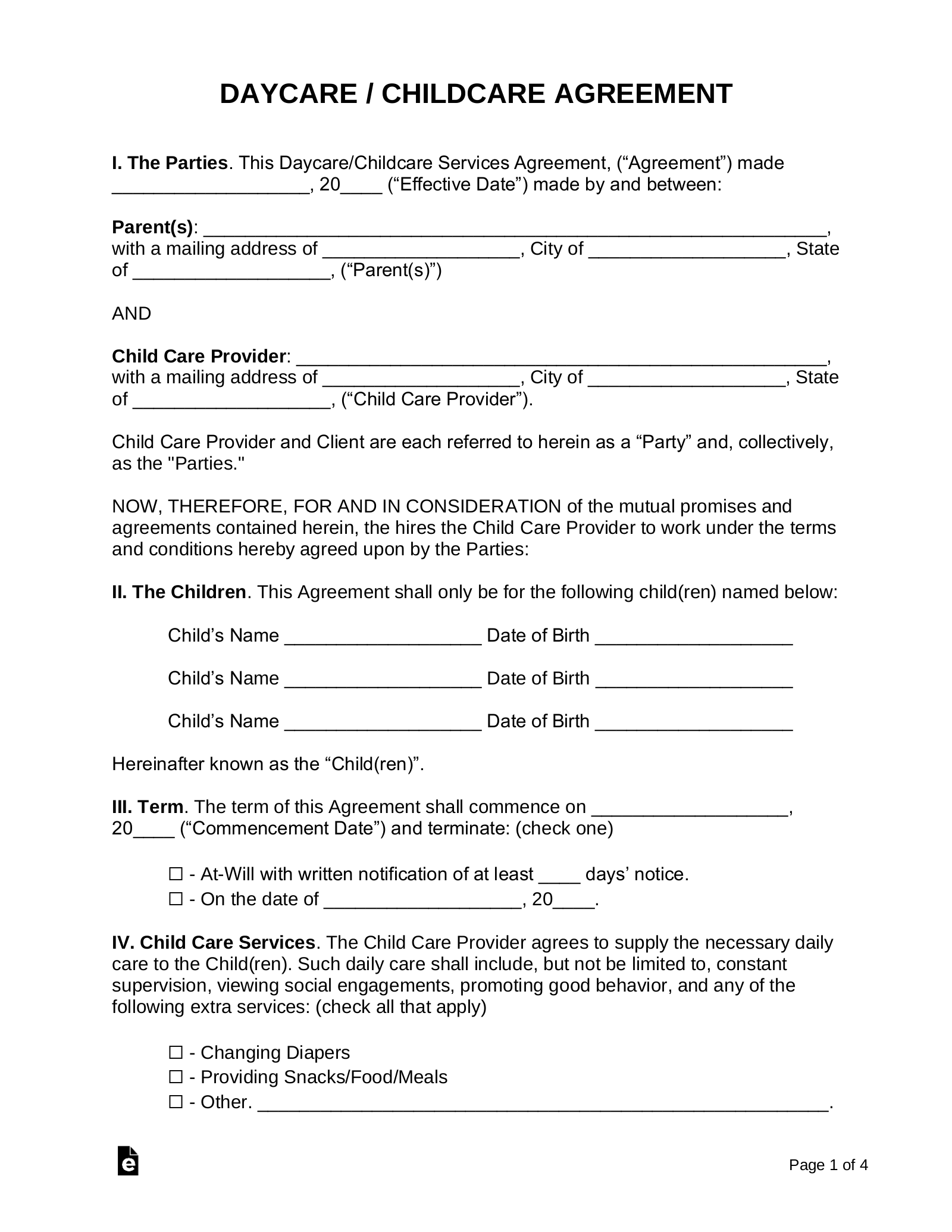 Printable Daycare Agreement Form