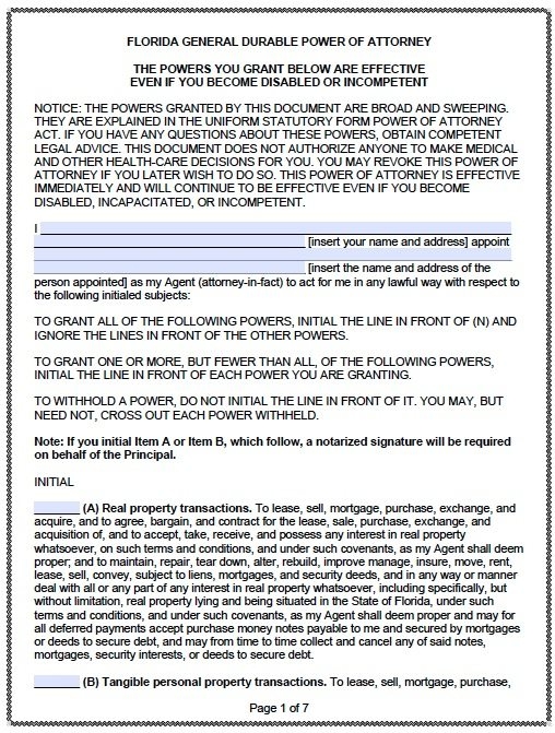 Free Durable Financial Power Of Attorney Florida Form PDF Template