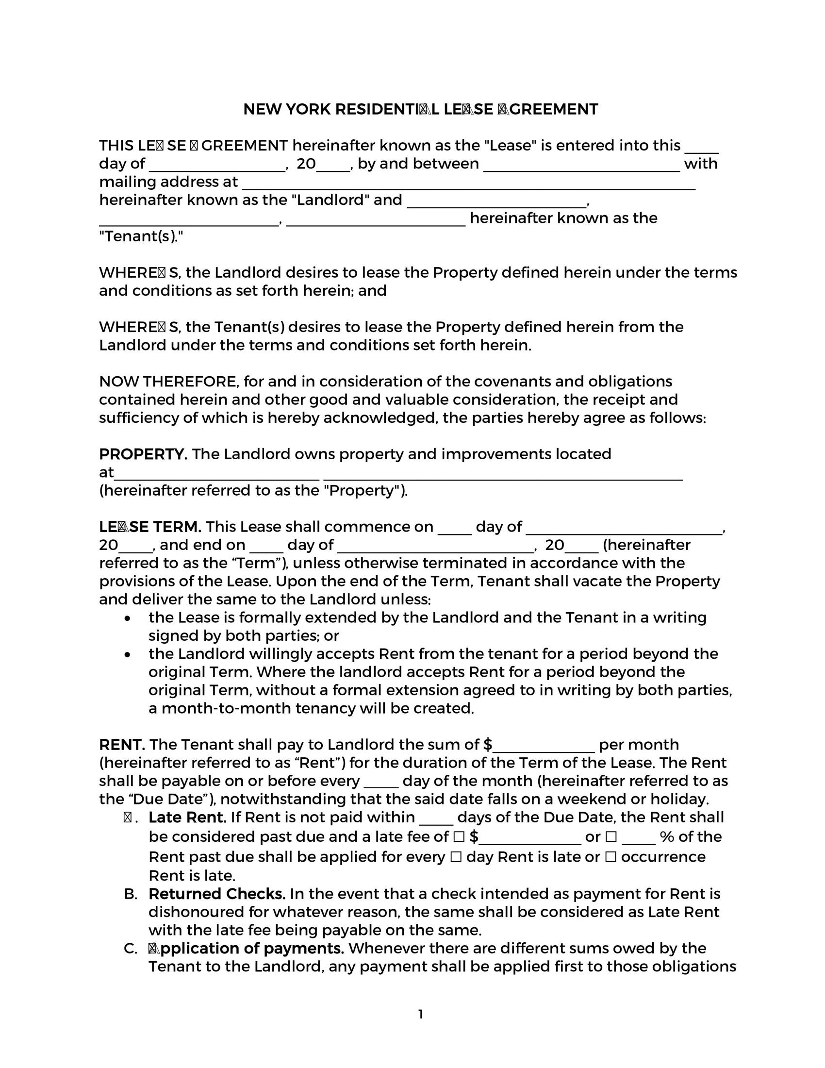 Printable Lease Agreement New York