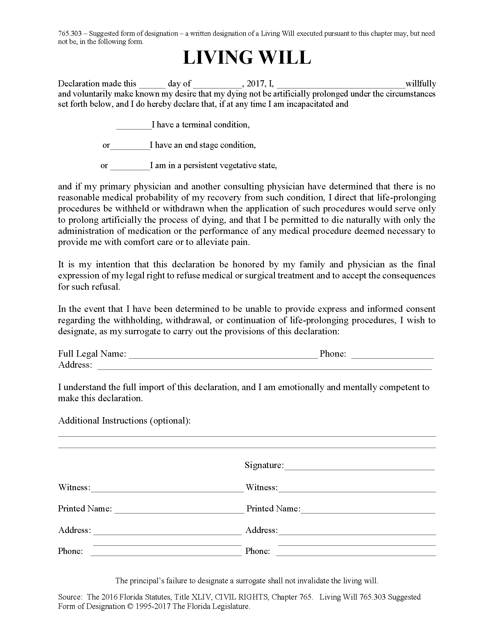 Free Florida Living Will Form Template PDF EForms