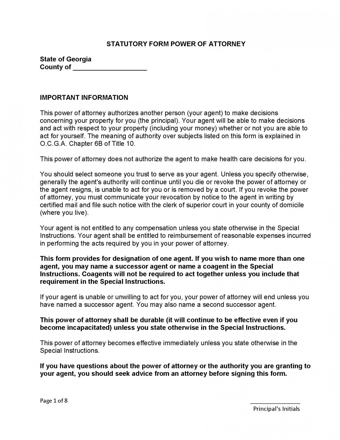 Free Georgia Durable Statutory Power Of Attorney Form PDF Word 