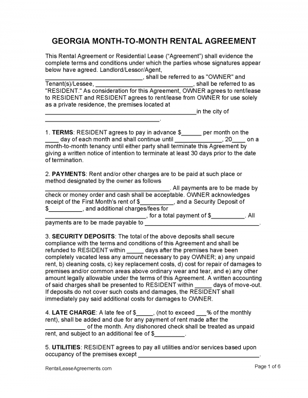 Free Georgia Month to Month Lease Agreement PDF MS Word