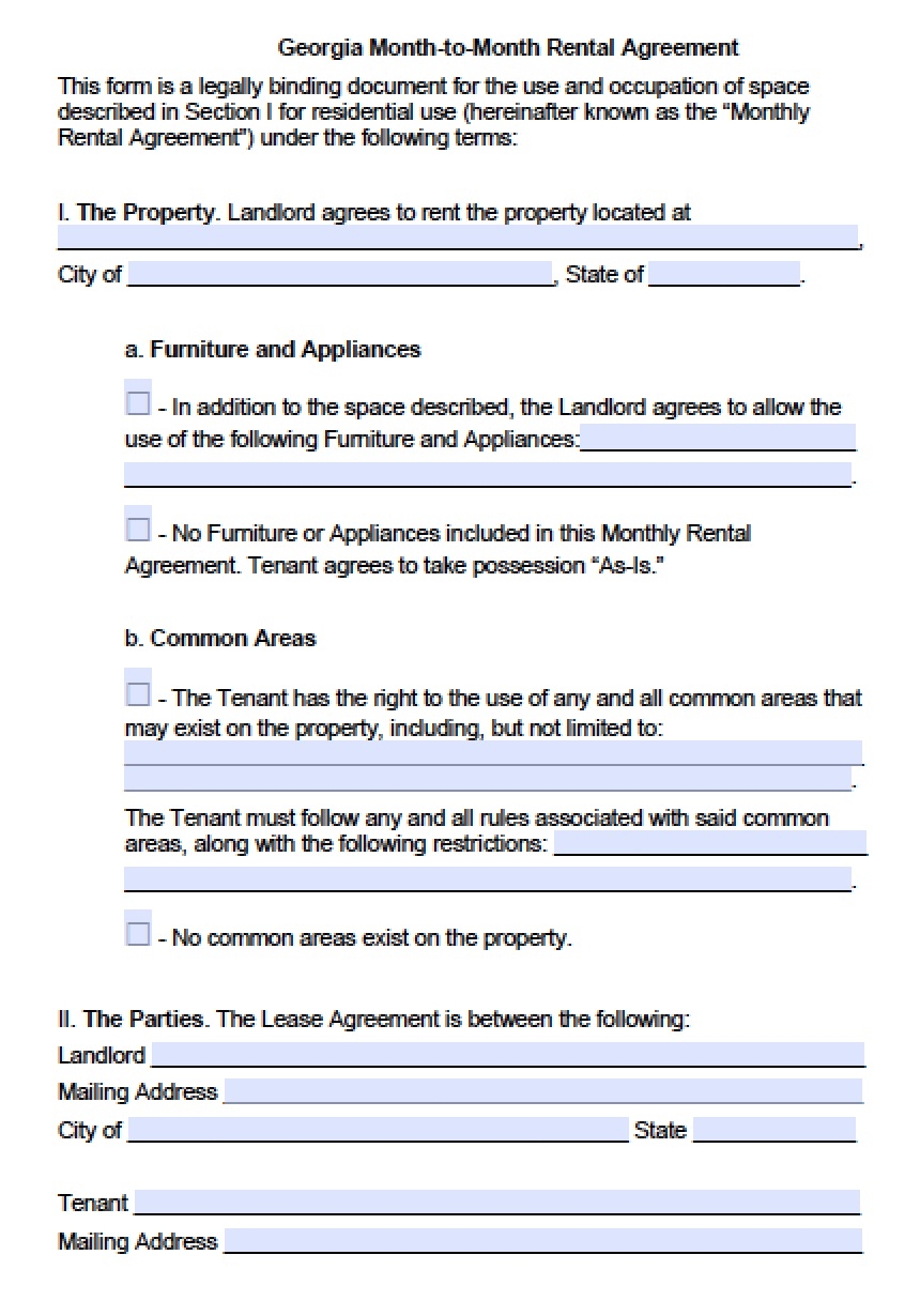 Free Georgia Month to Month Lease Agreement PDF Word doc 
